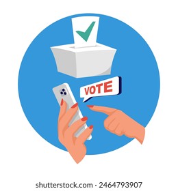Online voting concept. Vector illustration isometric design style. A man holds a smartphone in his hand. Make your choice. Bulletin, puts in ballot box. Election vote. Politics poll. 