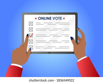 Online voting concept. Woman's hands holding a tablet. 