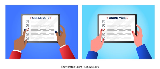 Online voting concept. Woman's hands holding a tablet. 