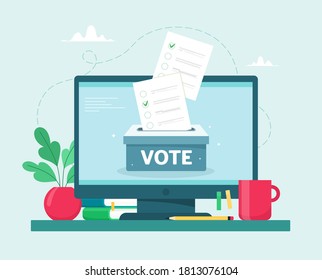 Online Voting Concept.Ballot Box On A Computer Monitor. Vector Illustration In Flat Style.