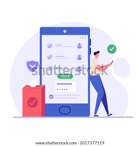 Online Voting and Election Campaign. Man Voting with Vote Box and Calling for Vote. Concept of Election Day, Making Choice, Balloting Paper, Democracy. Vector illustration for UI, mobile app