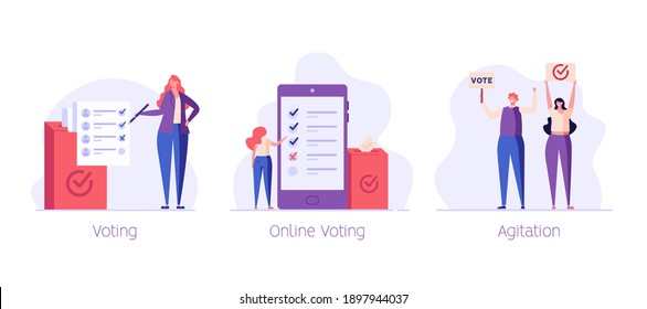 Online Voting and Election Campaign. People Voting with Vote Box and Calling for Vote. Concept of Election Day, Making Choice, Balloting Paper, Democracy. Vector illustration for Background