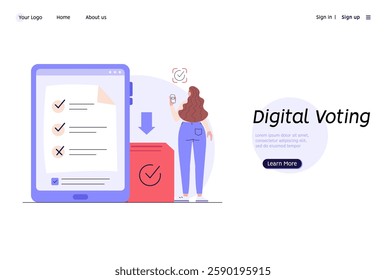 Online Voting and Election Campaign. Woman Voting with Vote Box and Calling for Vote. Concept of Election Day, Making Choice, Balloting Paper, Democracy. Vector illustration for UI, mobile app