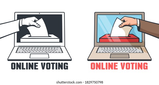 Online voting in elections - a hand drops a bill into a box in a laptop. Remote vote. Vector illustration.