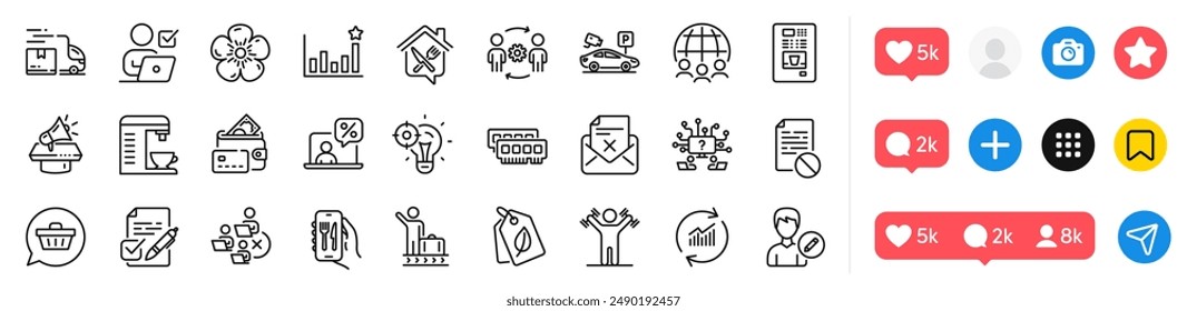 Online voting, Engineering team and Coffee vending line icons pack. Social media icons. Ram, Shopping cart, Megaphone web icon. Voting ballot, Food delivery, Online tax pictogram. Vector
