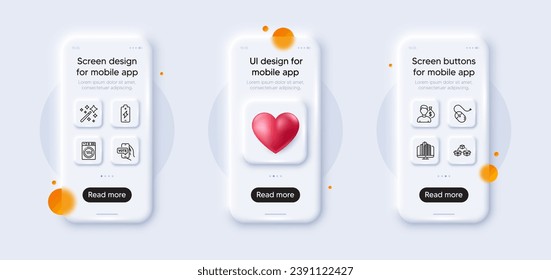 Online voting, Enterprise and Dryer machine line icons pack. 3d phone mockups with heart. Glass smartphone screen. Salary, Computer mouse, Parcel shipping web icon. Vector