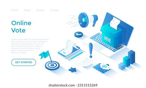 Online-Abstimmung. E-Voting, Wahl-Internet-Service, Online-Auswahl. Stimmzettel mit Leerzeichen. Stimmzettel auf dem Telefonbildschirm.Isometrische Abbildung. Landing page Template für Web auf weißem Hintergrund.