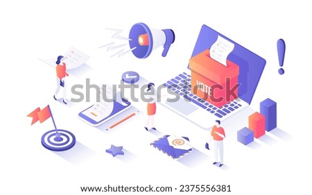 Online voting. E-voting, election internet service, online choice. Ballot box with blank on laptop screen. Voting ballot on the phone screen. Isometry illustration with people scene for web graphic.