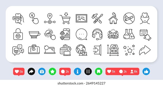 Online voting, Exit and House dimension line icons pack. Social media: share, comment, like icons. International delivery, Chemistry lab, Software web icon. Vector