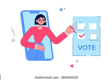 Online voting. The girl votes for the candidate. A woman votes through the phone.
