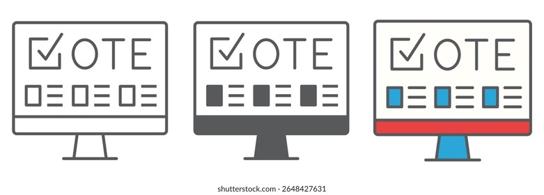 Coleção de ícones de votação online, eleição e votação online, gráfico de conjunto de vetores de sinal de monitor, ícone linear de traço editável, eps 10