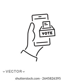 online voting icon, electronic voting or elections, phone with ballot box concept, thin line symbol isolated on white background, editable stroke eps 10 vector illustration