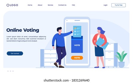 Planilla web de la página de inicio de la votación en línea, votando hombres y mujeres con teléfono móvil en casa. ilustración vectorial plana  