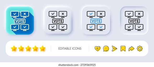 Ícone da linha de votação online. Neumórfico, Sombra plana, botões 3d. Sinal de voto na Internet. Símbolo de eleição na web. Ícone de Votação Online. Ícones das redes sociais. Vetor