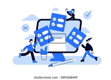 Online voting mini people concept flat vector illustration with computer screen,voting box
