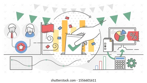 Online voting, outline concept vector illustration with computer screen,voting box and voter making decision.Modern electronic voting system for election, government rules and public projects.