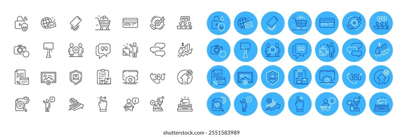 Voto on-line, Proteção de pacote e Tabela lâmpada linha ícones pack. Aumentar preço, gesto Touchscreen, ícone da web de cartão de crédito. Energia verde, ataque cibernético, recuperação pictograma foto. 360 graus. Vetor