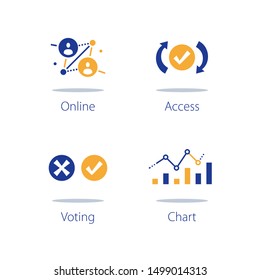 Online voting, personal data collecting and processing, website usability research and design improvement, system testing, information analysis, computer monitor and diagram report, vector icon set