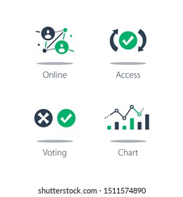 Online Voting, Personal Data Collecting And Processing, Website Usability Research And Design Improvement, System Testing, Information Analysis, Computer Monitor And Diagram Report, Vector Icon Set