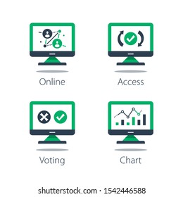 Online voting, personal data collecting and processing, website usability research and design improvement, system testing, information analysis, computer monitor and diagram report, vector icon set