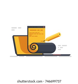 Online voting, questioning real-time vector concept, digital electronic segnature, laptop document pencil  flat illustration isolated on white background
