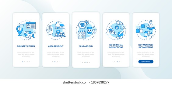 Online voting requirements onboarding mobile app page screen with concepts. Citizenship, criminal convictions walkthrough 5 steps graphic instructions. UI vector template with RGB color illustrations