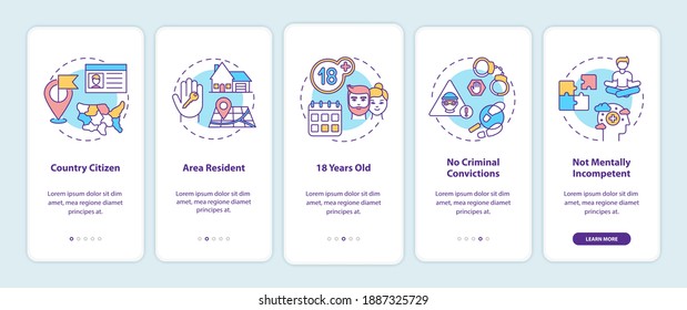 Online voting requirements onboarding mobile app page screen with concepts. Country citizen, area resident walkthrough 5 steps graphic instructions. UI vector template with RGB color illustrations