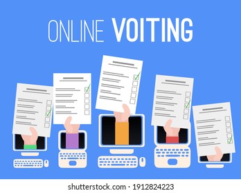 Online-Abstimmung in Selbstabgrenzung. Silhouetten eines Computers, Laptops und Tablets mit Reishand mit Abstimmliste auf blauem Hintergrund. Die Menschen haben die Wahl. Vektorpostkarte für Banner, Vorlagen und Ihr Design.