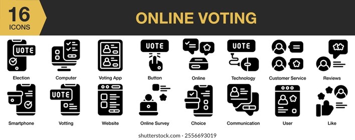 Online Voting solid icon set. Includes online, button, technology, user, choice, like, reviews, and More. Solid icons vector collection.