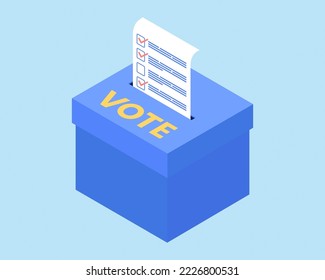 Online Voting System flat cartoon isometric vote box isolated on blue background