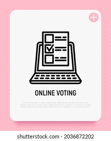 Online voting thin line icon, ballot with mark on laptop screen. Modern vector illustration.