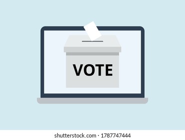 Online voting vector. Ballot box on laptop screen. Flat design on light blue background.
