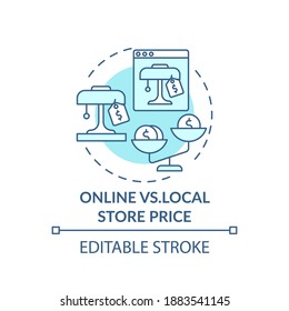 Online vs. local store price concept icon. Informed customer tip idea thin line illustration. Saving on shipping, handling costs. Vector isolated outline RGB color drawing. Editable stroke