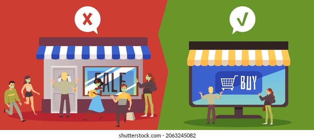 Online vs offline marketing concept, flat vector illustration. Comparison of advantages and disadvantages of online internet shop and traditional store.