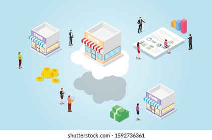 online vs offline store with benefit for online e-commerce technology with modern isometric style - vector