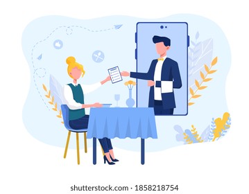 Online waiter service. Abstract concept of restaurant waiter management using modern techologies. Customer sitting and making online order with smartphone. Flat cartoon vector illustration