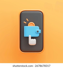Icono 3D de la cartera en línea. Smartphone realista con la moneda dentro de la cartera y el cursor de la mano en la pantalla. Billetera móvil, pago en línea y concepto de transferencia de dinero. Ilustración vectorial sobre fondo amarillo