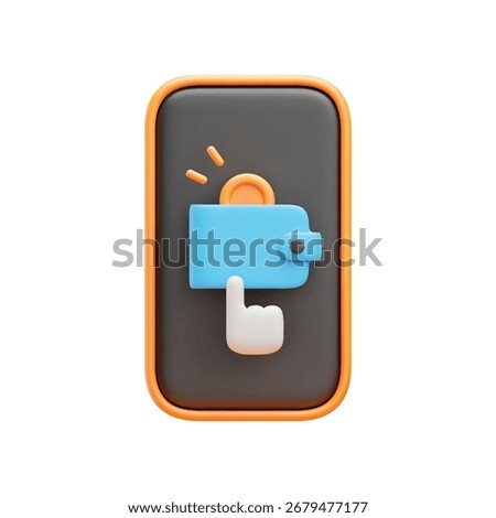 Online wallet 3D icon. Realistic smartphone with coin inside wallet and hand cursor on screen. Mobile wallet, online payment and money transfer concept. Vector illustration isolated on white