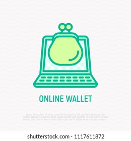 Online wallet app thin line icon: wallet on laptop thin line icon. Modern vector illustration.