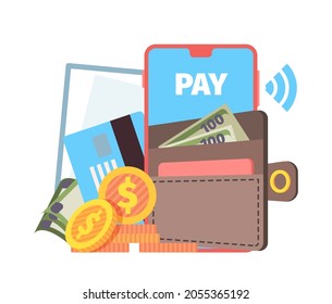 Online wallet concept. Phone contactless pay, purse with cash money on smartphone screen vector illustration