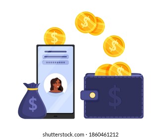 Online wallet or digital payment vector concept with smartphone, finance app, dollar coins, money bag. Mobile transaction or money transfer illustration with woman avatar. Digital payment flat design