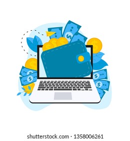 Online wallet with dollar banknotes and coins. Finance bank concepts.