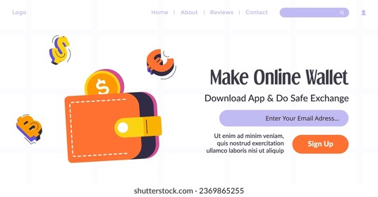 Online wallet, download app, do safe exchange. Application for dollar and euro, currency bitcoin. Banking transactions cryptocurrency. Website landing page template, online site vector in flat style