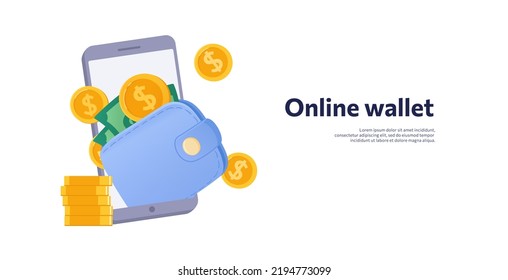 Online wallet. Flat style vector banner with illustration on white background. The concept of electronic money