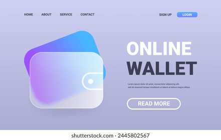 Online wallet horizontal landing page. Glass morphism finance technology service