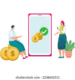Billetera en línea, pago móvil a través de la tecnología de internet para smartphones, ilustración vectorial. Banca en línea, compras, cartera, comercio electrónico.
