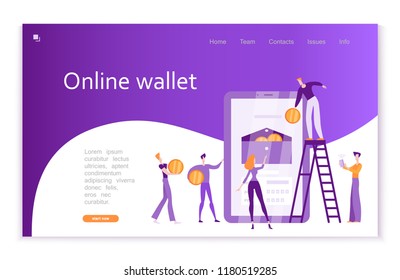 Online wallet, process of registering users, storing money and making online transactions on the Internet using web services, mobile applications and devices, landing page, vector illustration