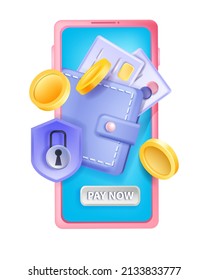 Online wallet vector illustration, digital money smartphone safe finance storage payment concept, coin. Internet banking, 3D safety business transaction, currency exchange balance. Online wallet icon