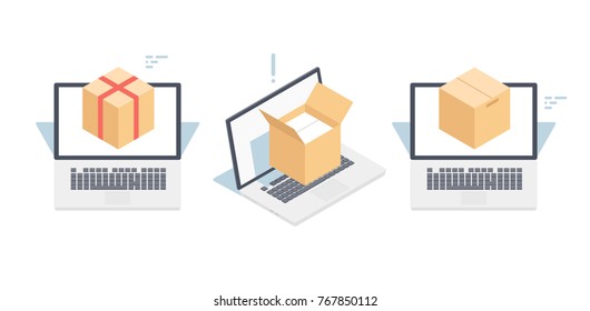 Online warehouse and cargo storage, isometric vector illustration of delivering, laptop with cardboard boxes, parcel tracker, buy online product concept isolated on white background