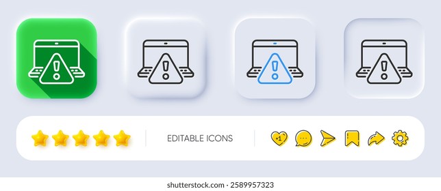 Online warning line icon. Neumorphic, Flat shadow, 3d buttons. Attention triangle sign. Internet caution symbol. Line online warning icon. Social media icons. Vector